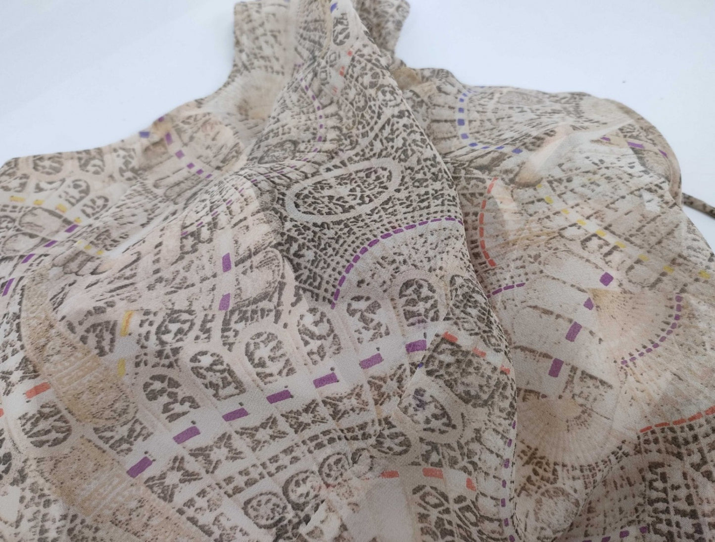 SOLEIL Women's Sleeveless Floral Fan Print Dress Size 42 Beige Polyester Japan