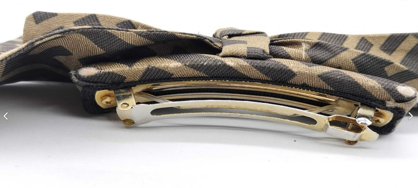 FENDI Zucca FF Logo Ribbon Barrette Hair Clip Brown Canvas Made in Italy