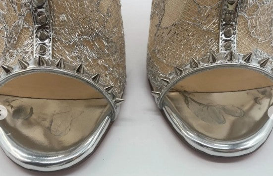 Christian Louboutin JULIETTRA Booties Silver Patent Fabric Spikes Size 36 US 5.75 Box Bags