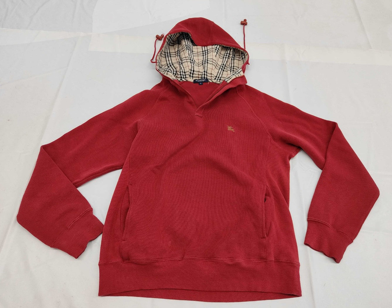BURBERRY LONDON Hoodie Nova Check Hood Cotton Pullover Red Size L Mens