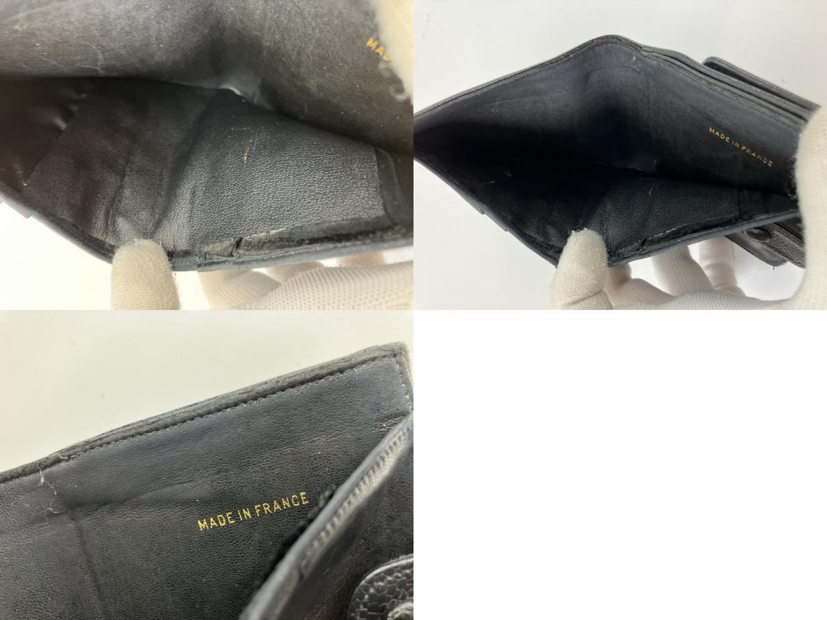 CHANEL Caviar Skin Black Coco Mark W Hook Bifold Wallet with Box and Cards