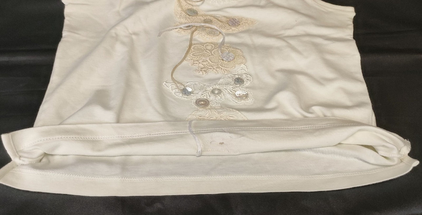 Louis Vuitton Sleeveless Top Lace Embroidery Ivory LV Buttons Size M Italy
