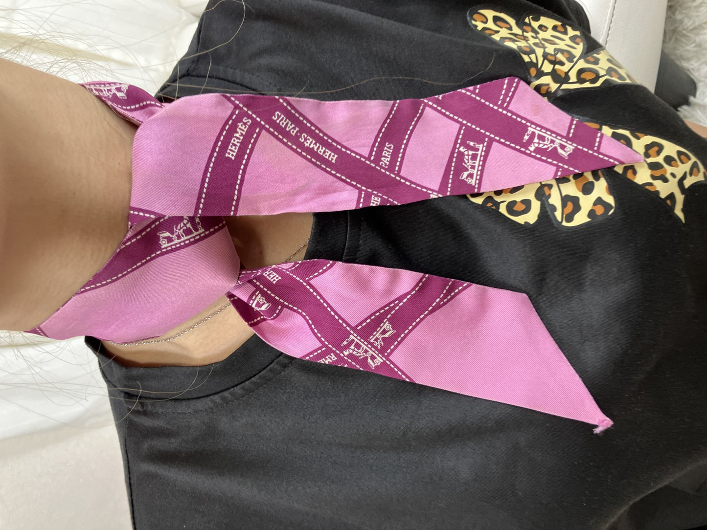 Hermes Twilly Silk Scarf Pink Ribbon Print France Box Fair Condition