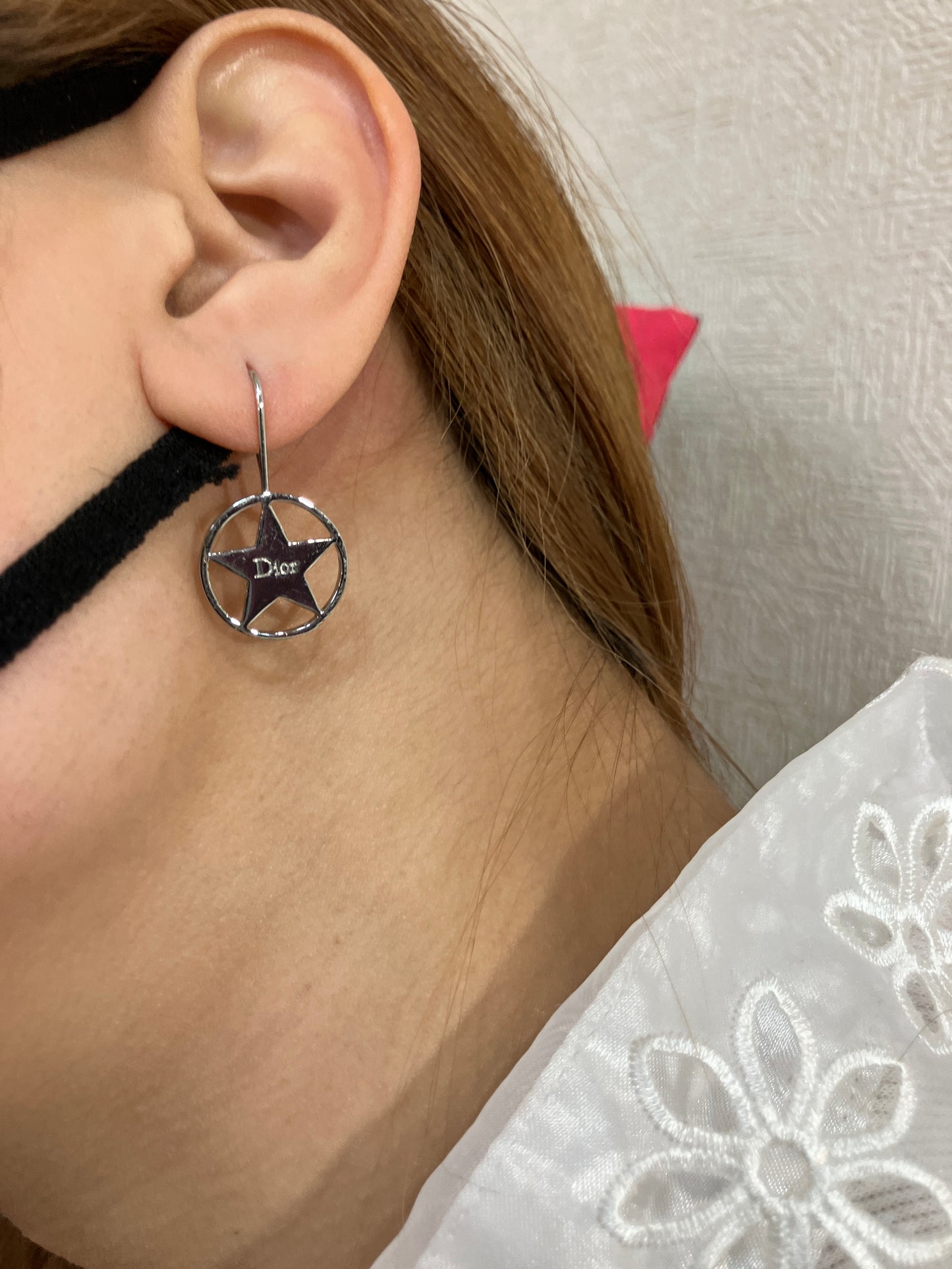 Dior Star Logo Hook Earrings Silver Tone 1.6cm Authentic Made in France