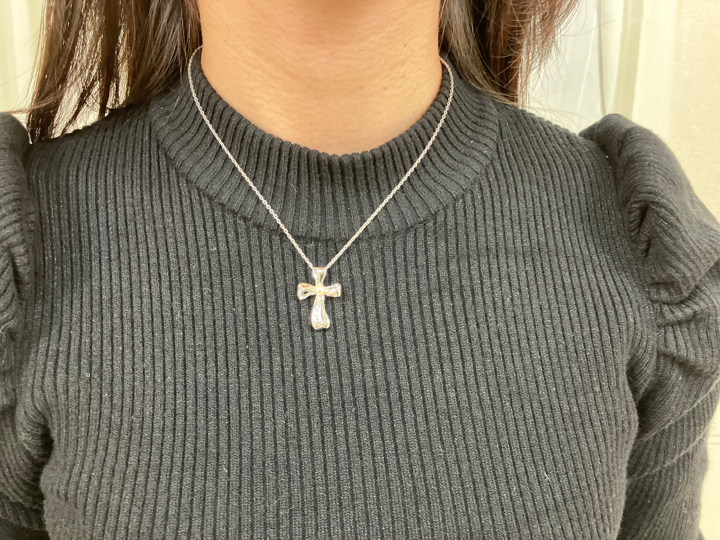 MIKIMOTO Silver Cross Pendant Necklace Cultured Pearl 4.1mm Chain 40cm Authentic