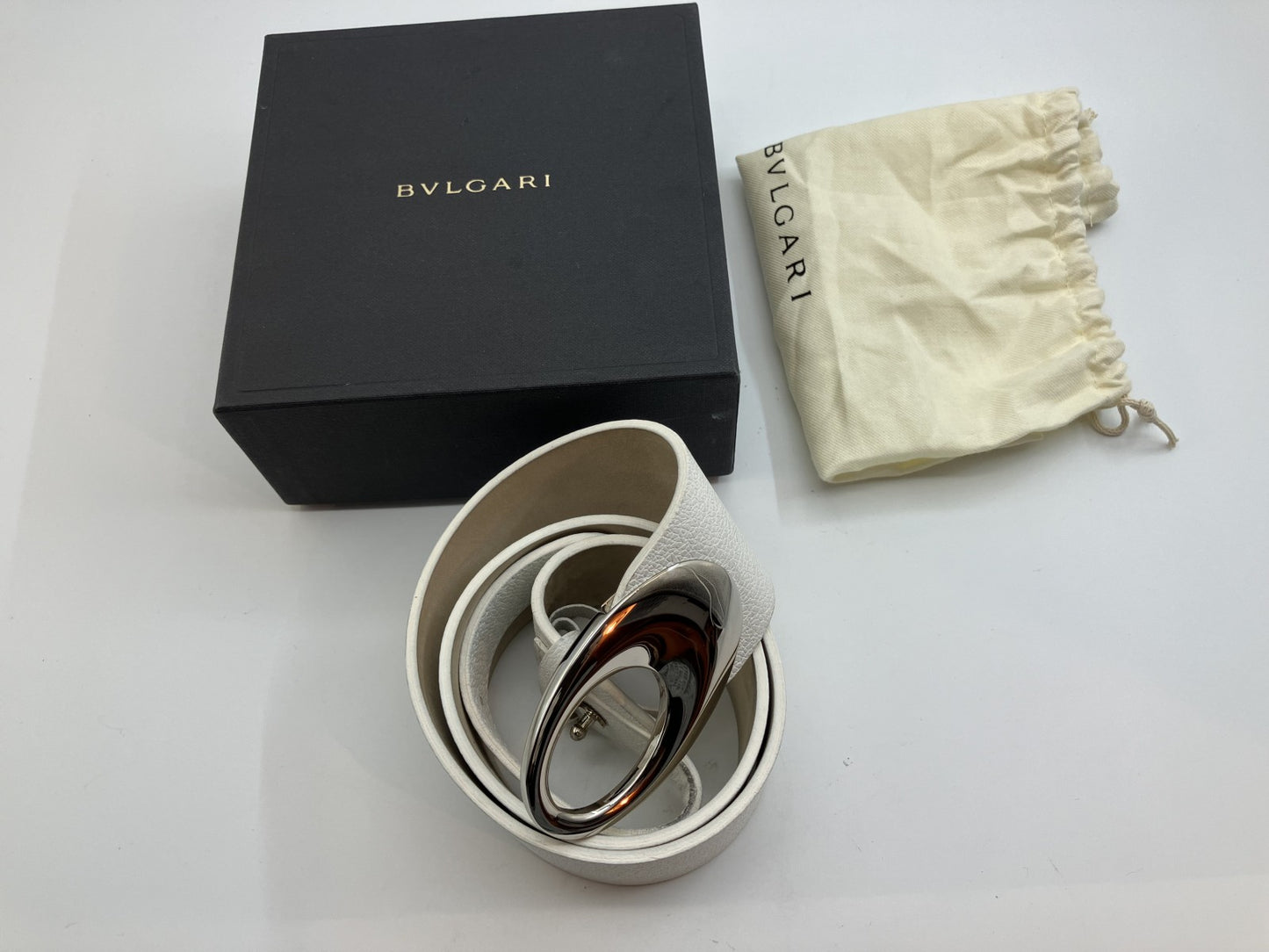 Bulgari Leather Belt Length 100cm(39.37 inch) Width 5cm(1.97 inch) White and Silver with box and bag