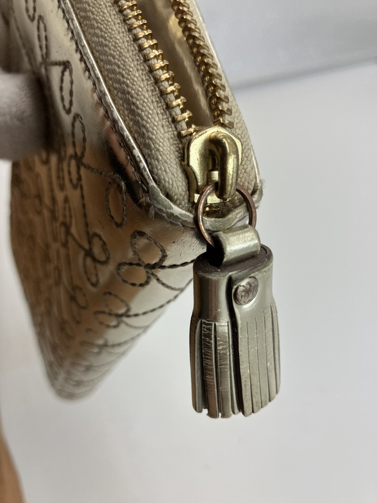 Anya Hindmarch Bow Quilted Zip Around Long Wallet Metallic Gold Patent Leather