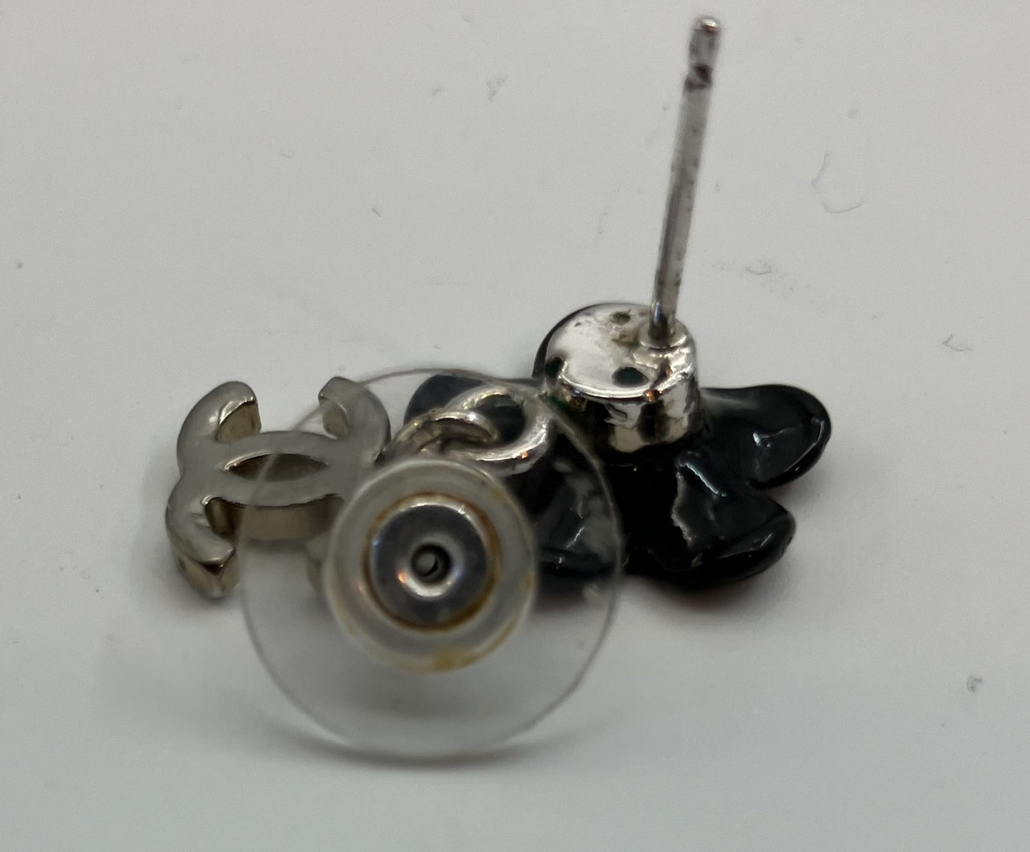 CHANEL Coco Camellia Pierced Earrings Black & Silver