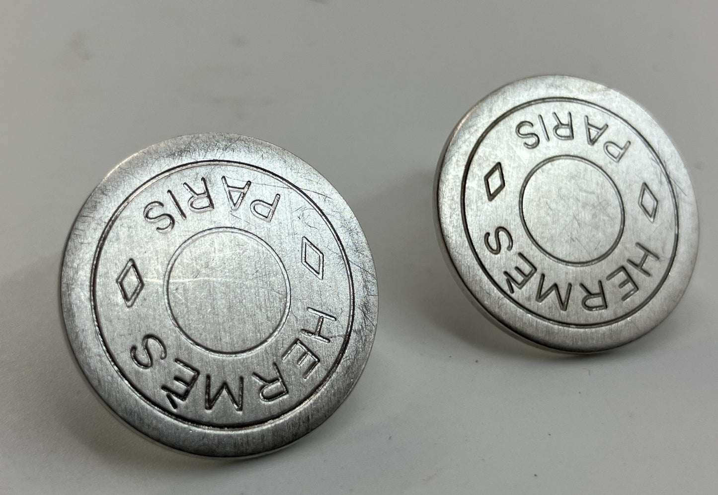 HERMES Sellier Button Clip-On Earrings Silver Tone 2cm Pair Vintage with Box Authentic