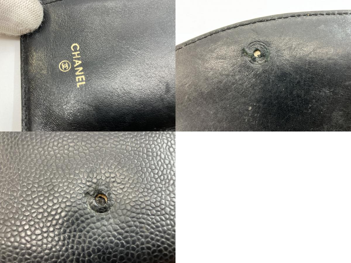 CHANEL Coco Mark Long Wallet Black Caviar Leather 18.5×10.5cm w/ Card – Snap Missing