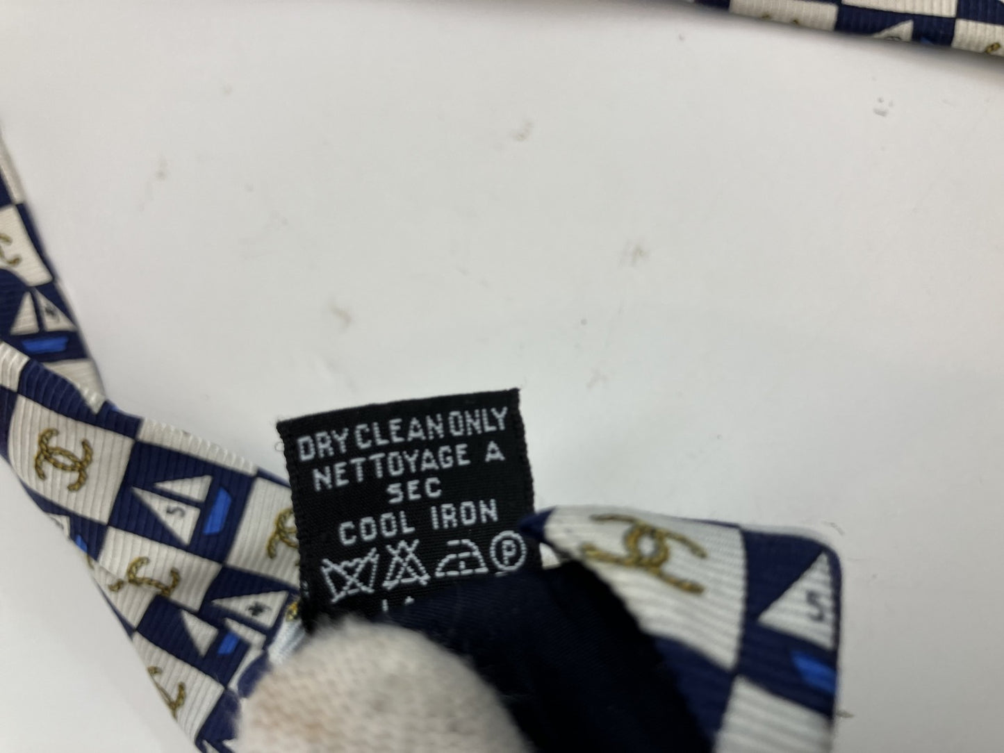 Elegant White & Blue Silk Necktie with Coco Mark 窶・10cm Width | Ships from Japan