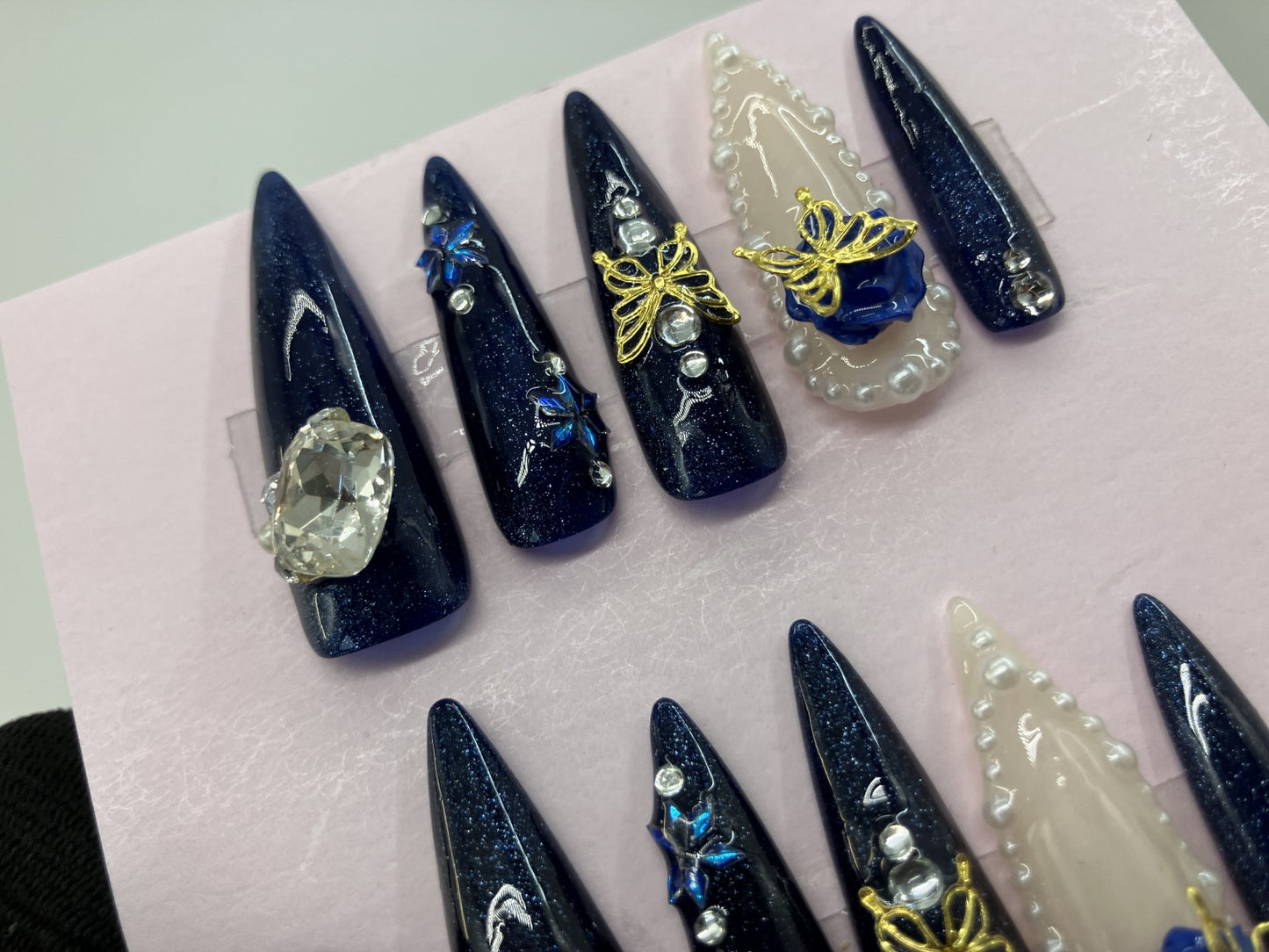 Original Design Japanese Handmade Navy Blue Glitter Gothic Butterfly Rose Press On Nails Long Stiletto 3D Pearl Rhinestone Luxury Nail Tips