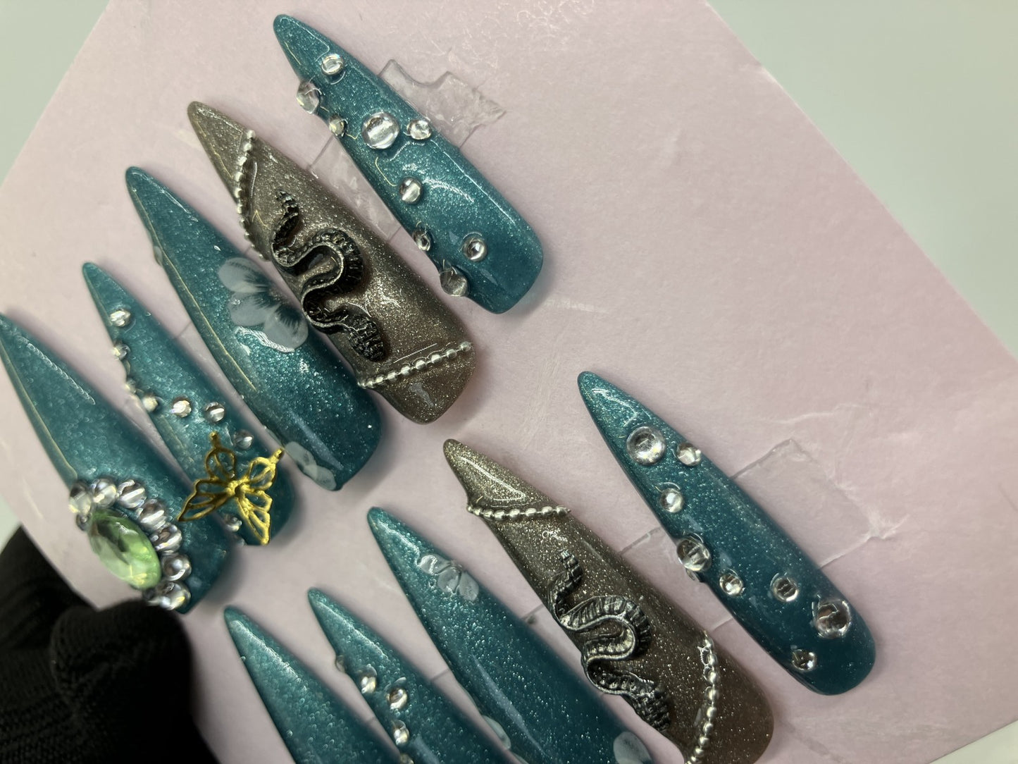 Original Design Japanese Handmade Gothic Snake Butterfly Press On Nails Long Stiletto Everyday Wear Turquoise Green Nail Tips