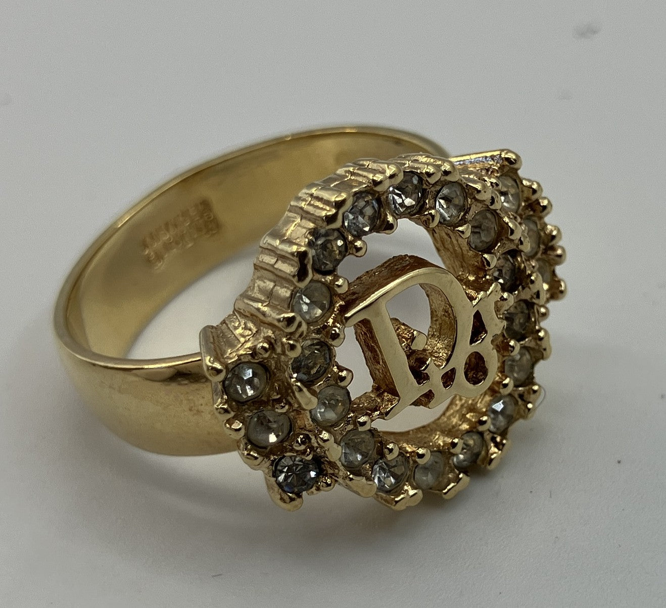 Christian Dior CD Logo Rhinestone Ring Gold Tone Germany US 7 EU 54