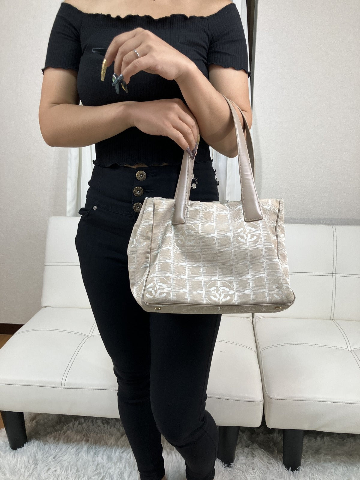 CHANEL New Travel Line Tote Bag, Handbag, Beige, COCO Mark Jacquard Leather CHANEL New Travel Line Tote Bag, Handbag, Beige, COCO Mark Jacquard Leather