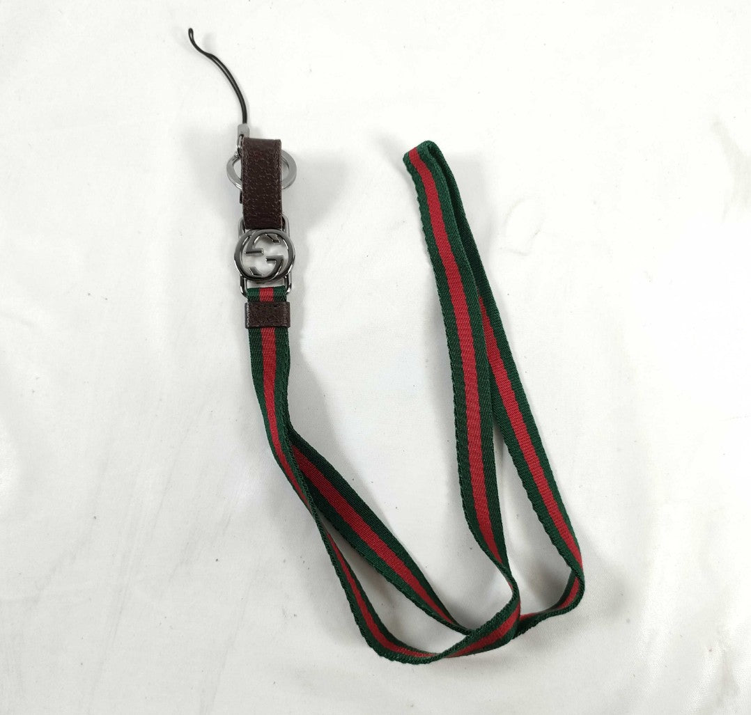 GUCCI Web Stripe Interlocking G Neck Strap Lanyard Key Ring Phone Holder Italy GUCCI Web Stripe Interlocking G Neck Strap Lanyard Key Ring Phone Holder Italy
