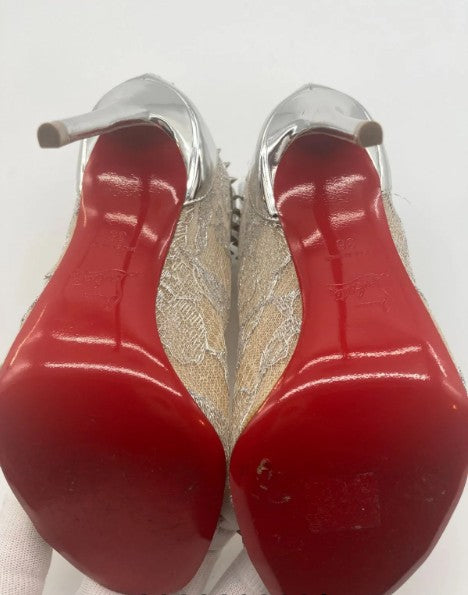 Christian Louboutin JULIETTRA Booties Silver Patent Fabric Spikes Size 36 US 5.75 Box Bags