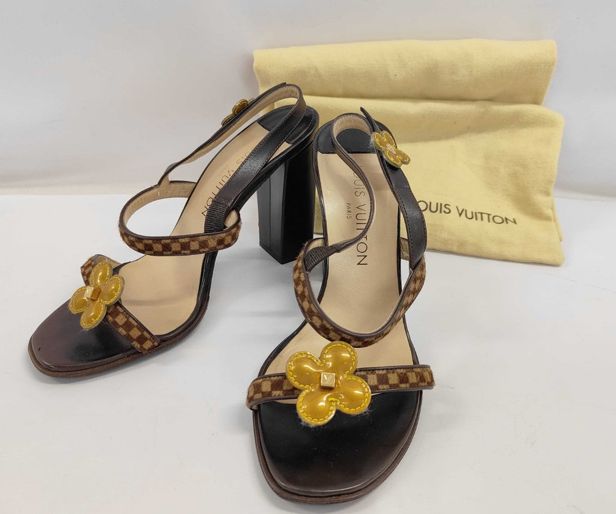 Louis Vuitton Damier Flower Sandals 37 Brown Block Heel Slingback Italy