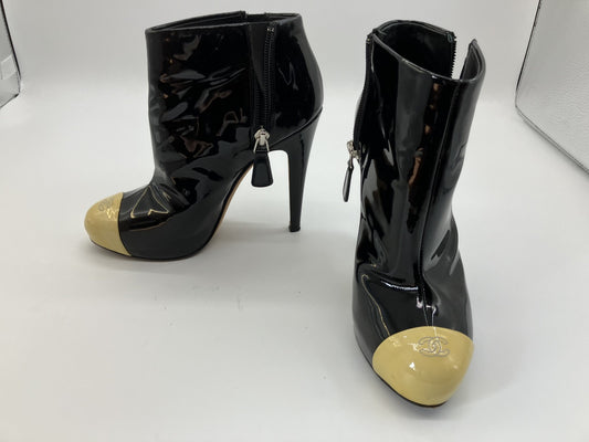 CHANEL short boots, patent leather, size 36 (US 6) (22.9 cm) (9.02 inch), heel approx. 11.5 cm, black and yellow, free shipping 