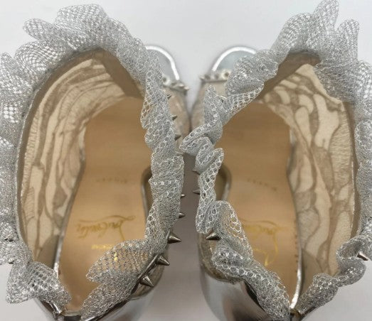 Christian Louboutin JULIETTRA Booties Silver Patent Fabric Spikes Size 36 US 5.75 Box Bags