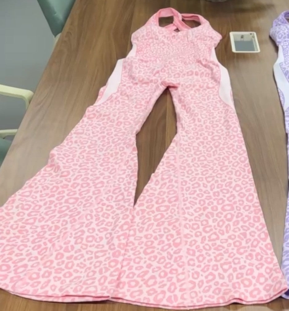 Pink Leopard Jumpsuit Catsuit Halter Cross Back Open Back Flare Leg Pads S