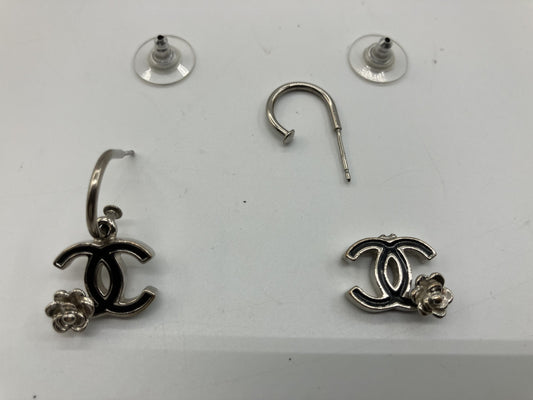 CHANEL Coco Camellia Pierced Earrings Black and Silver with Box
