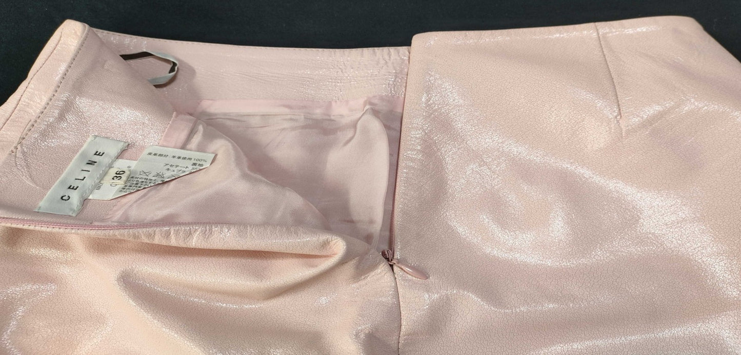 CELINE Y2K Pink Mini Skirt Size 36 Lamb Leather Trim Womens