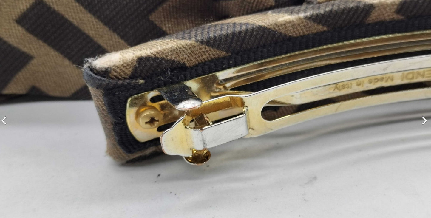 FENDI Zucca FF Logo Ribbon Barrette Hair Clip Brown Canvas Made in Italy