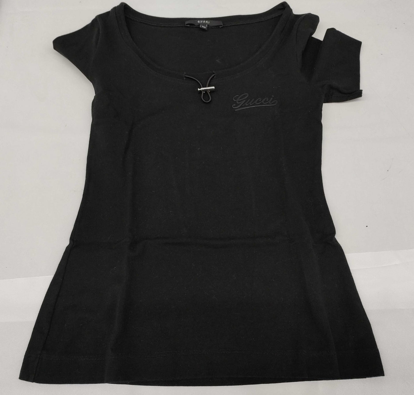 GUCCI Drawstring Neck Logo T-Shirt Black XS Made in Italy