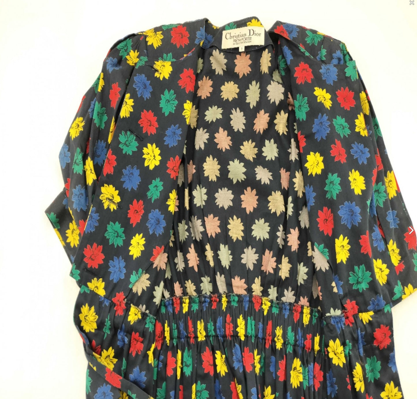 Christian Dior Vintage Floral Peplum Skirt Suit Set Cotton Size 9