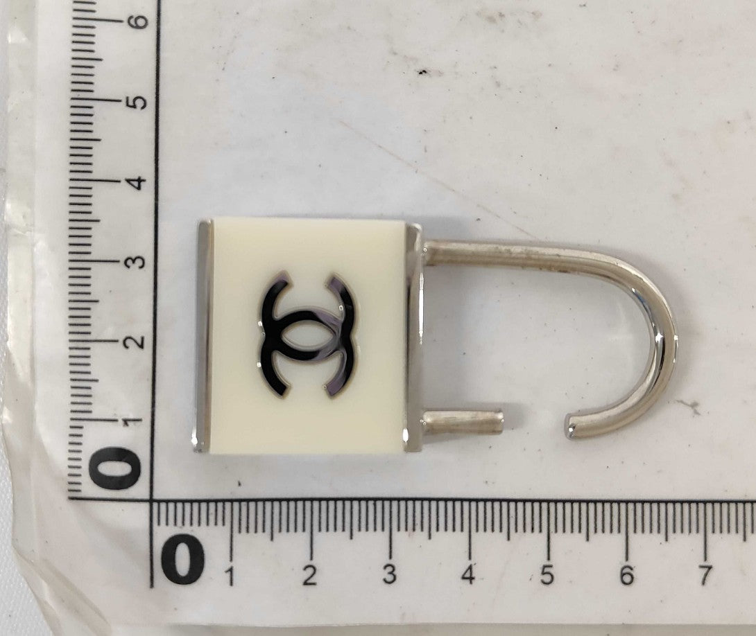 CHANEL 02C CC Logo Padlock Charm Ivory Silver Bag Charm Parts Italy Auth