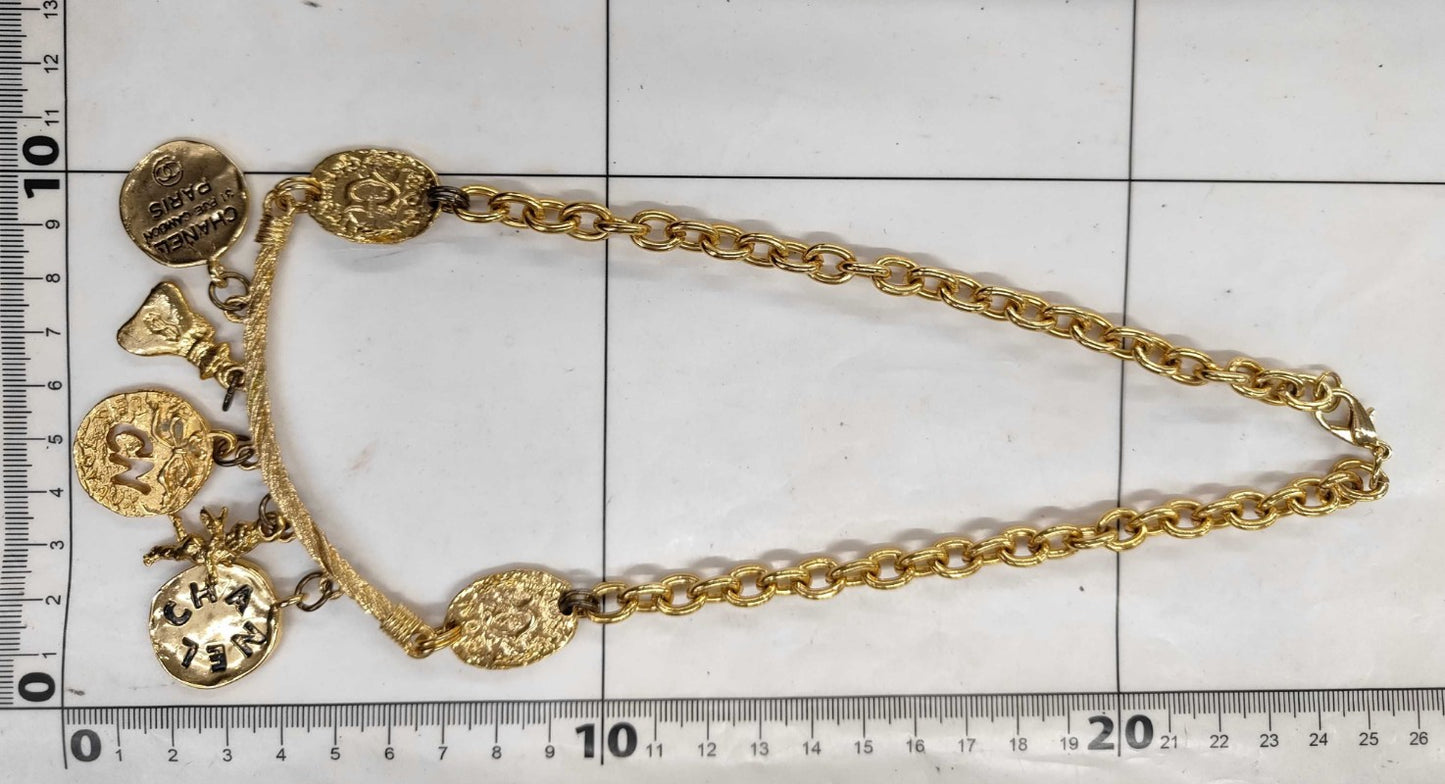 CHANEL Vintage Charm Necklace Gold Tone Coin Angel Perfume Pendant