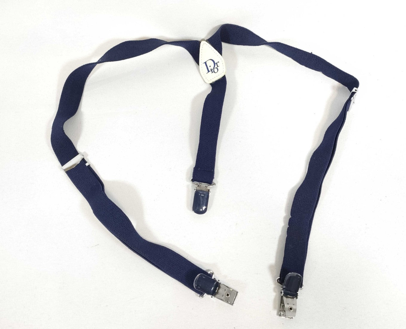 Christian Dior Logo Navy Y-Back Suspenders Adjustable Elastic 3 Clip Braces