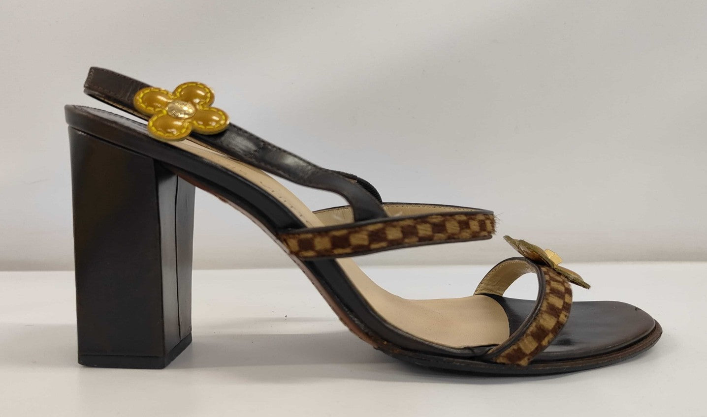 Louis Vuitton Damier Flower Sandals 37 Brown Block Heel Slingback Italy