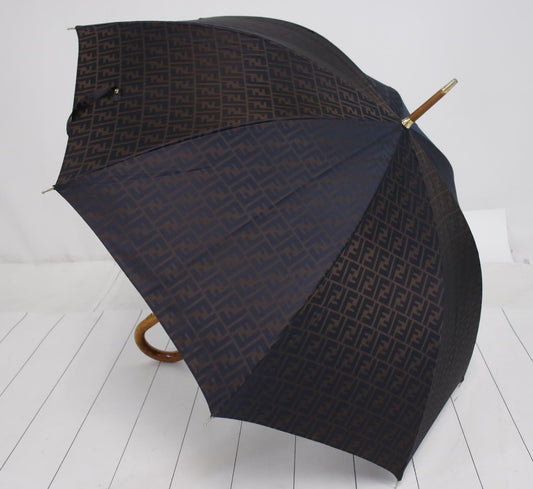 Fendi Zucca Pattern Long Umbrella with Wooden Handle, Includes Umbrella Bag, Rib Length: Approx. 57cm, Total Length: 90cm