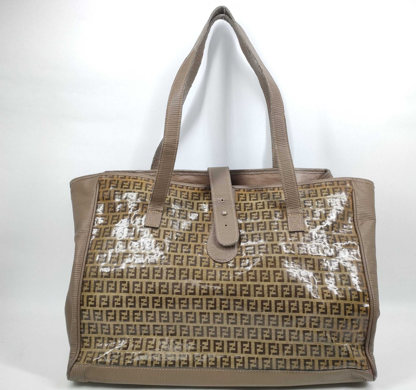 FENDI Zucca Enamel Tote Bag Brown FF Logo Shoulder PVC Italy Vintage