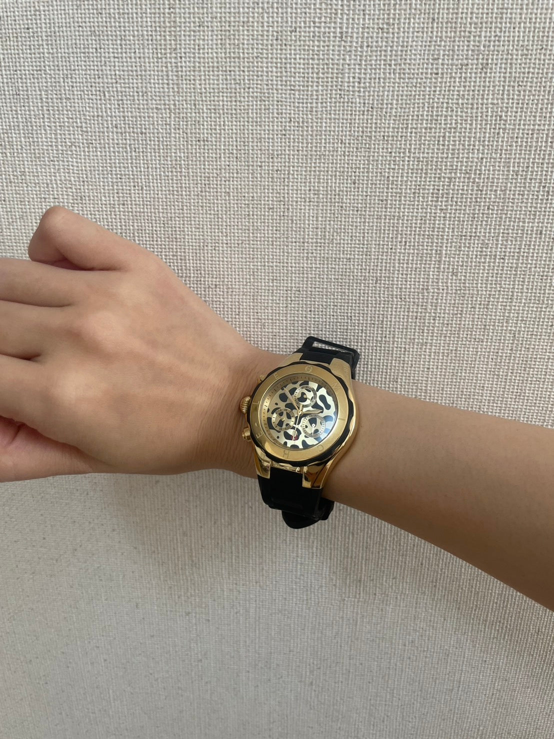 Michele Chronograph Leopard Dial Men’s Watch Rubber Strap Gold Tone w/ Box & Guarantee