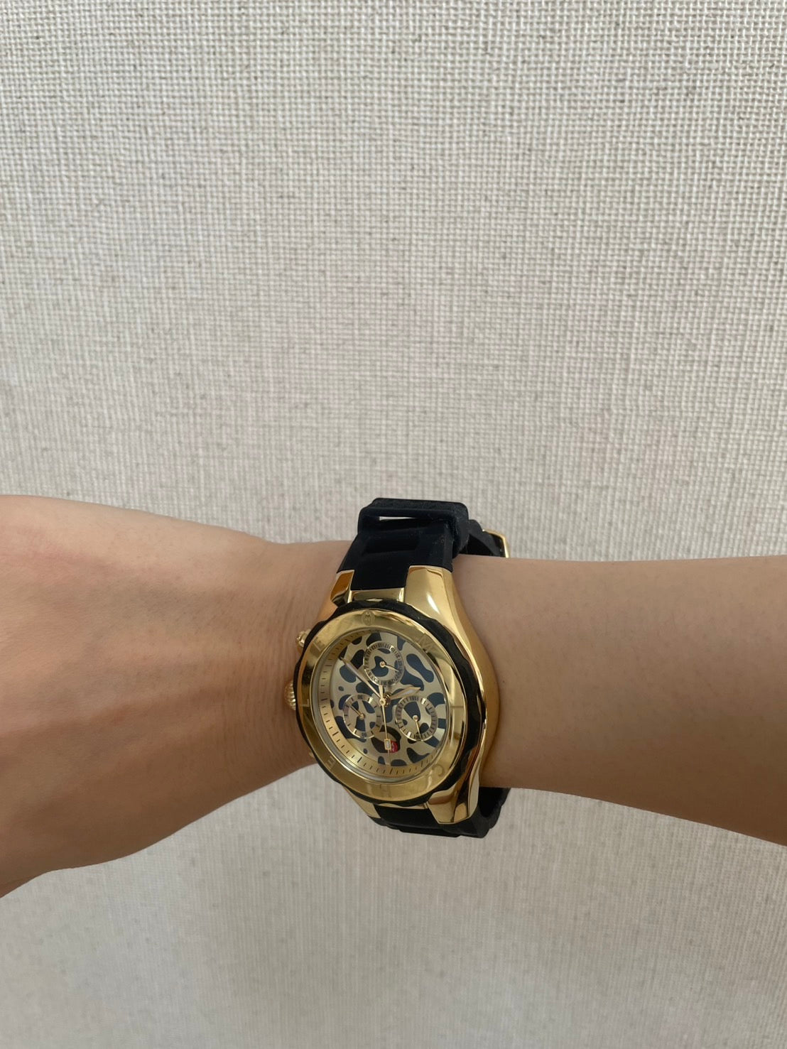 Michele Chronograph Leopard Dial Men’s Watch Rubber Strap Gold Tone w/ Box & Guarantee