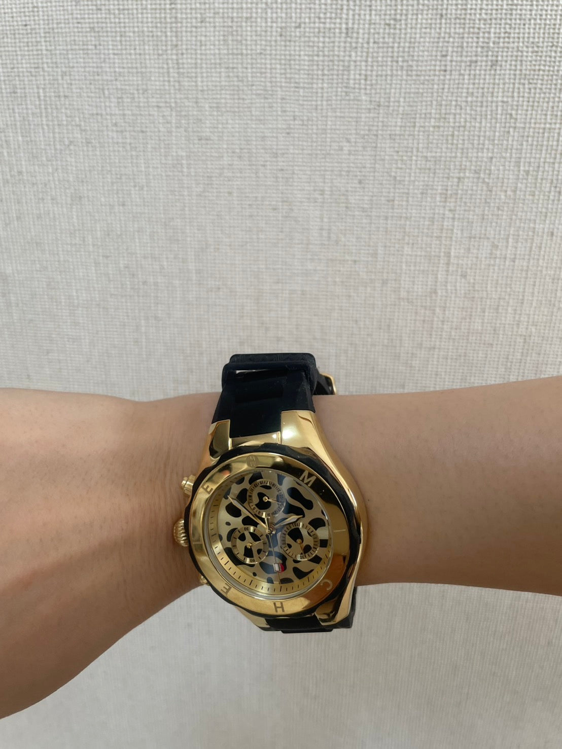 Michele Chronograph Leopard Dial Men’s Watch Rubber Strap Gold Tone w/ Box & Guarantee