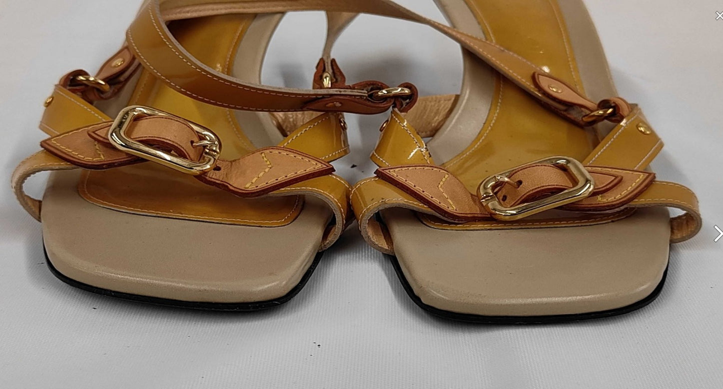 Louis Vuitton Sandals EU39 Yellow Patent Leather Slingback Heel Shoes LV