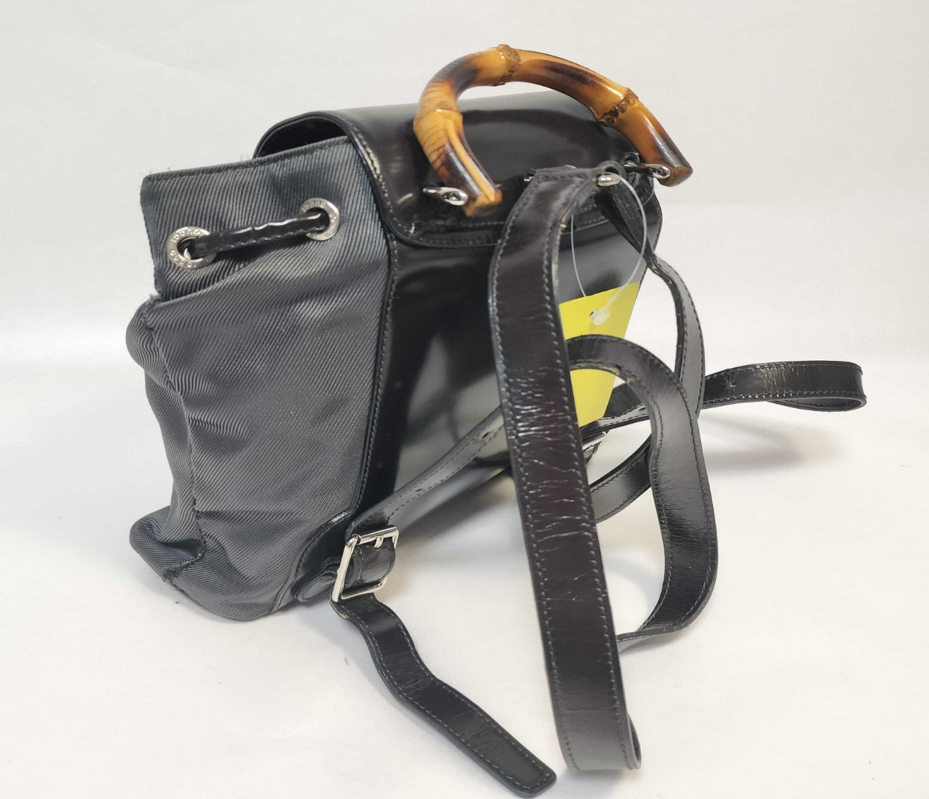 GUCCI Bamboo Backpack Black Nylon Leather Drawstring Bag Vintage