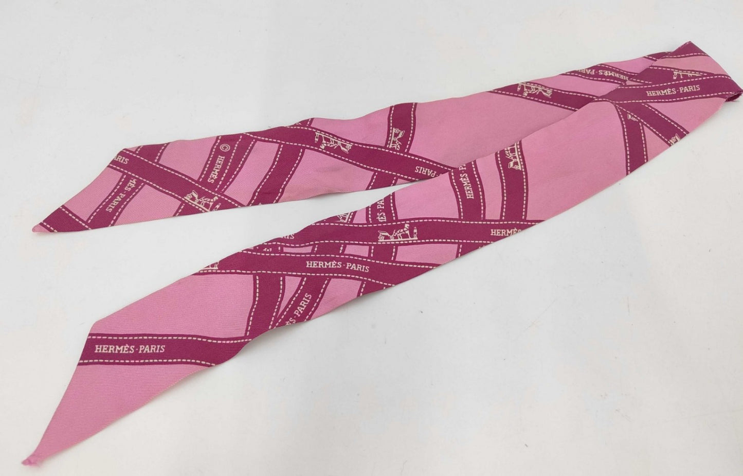 Hermes Twilly Silk Scarf Pink Ribbon Print France Box Fair Condition