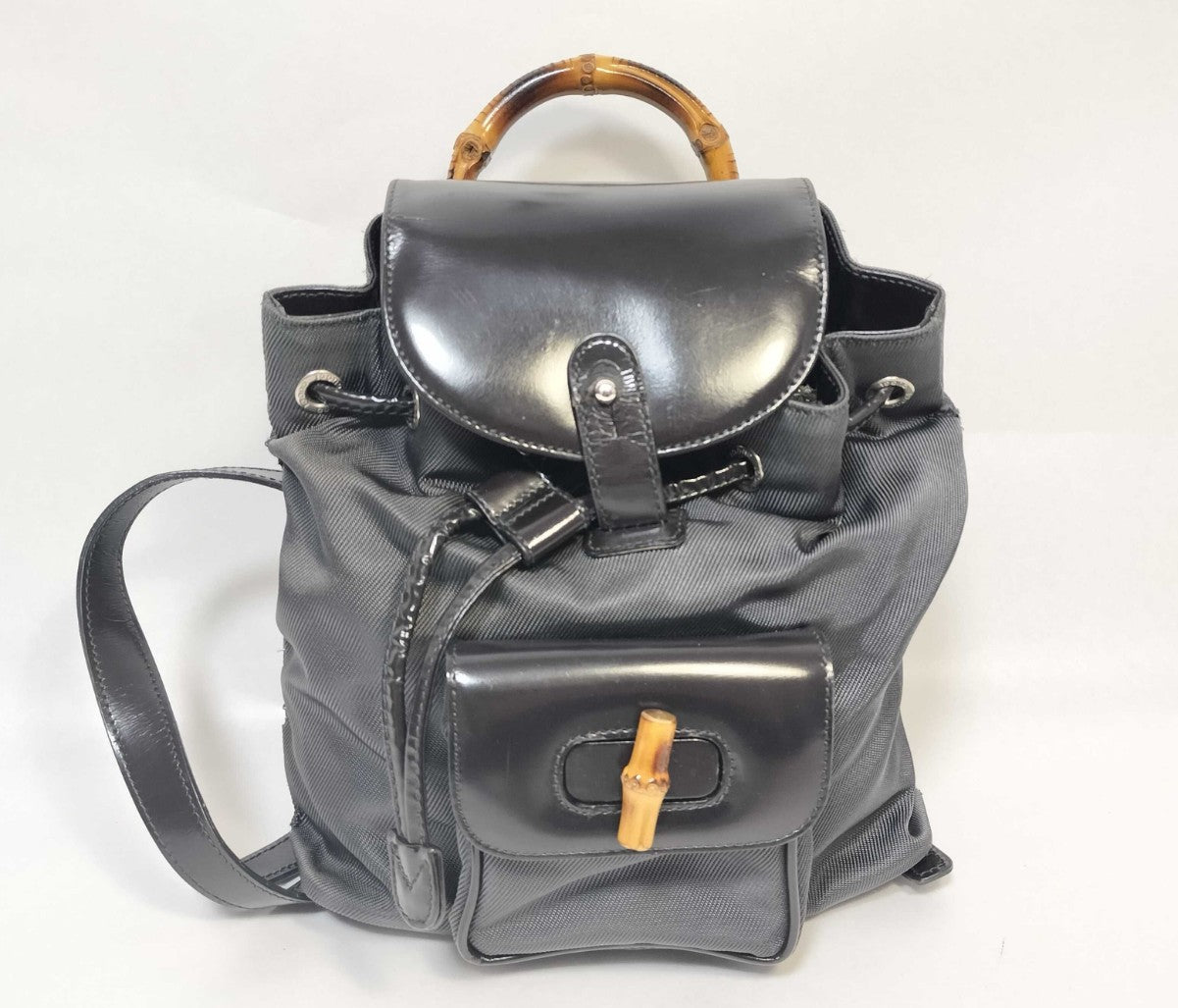 GUCCI Bamboo Backpack Black Nylon Leather Drawstring Bag Vintage