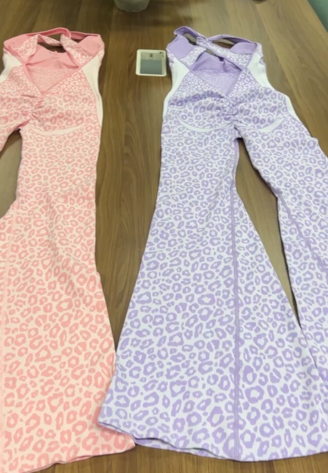 Purple Leopard Jumpsuit Catsuit Halter Cross Back Open Back Flare Leg Pads M