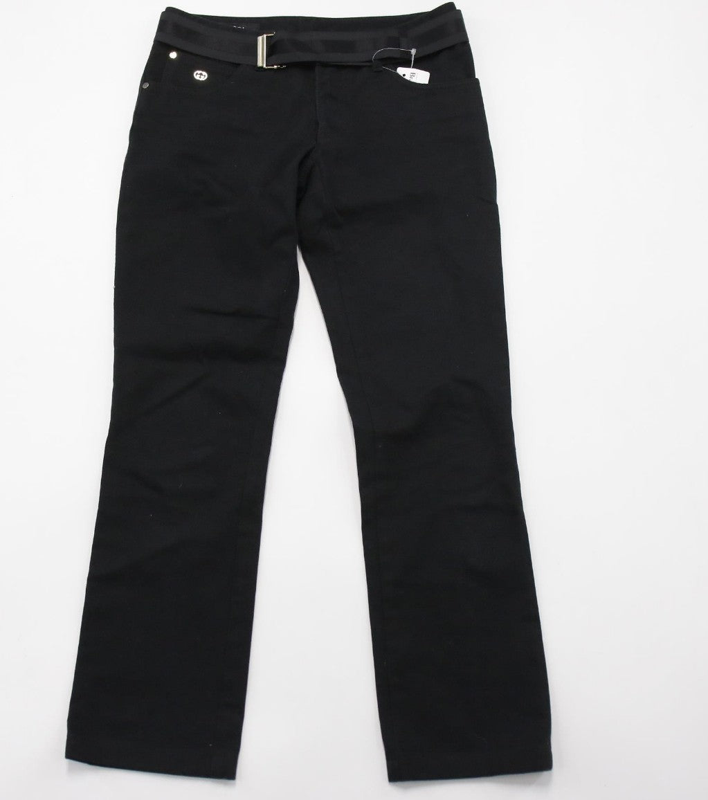 GUCCI Black Cotton Pants GG Logo Satin Belt Size 38 Women's Made in Italy