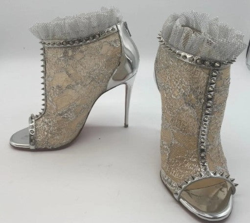 Christian Louboutin JULIETTRA Booties Silver Patent Fabric Spikes Size 36 US 5.75 Box Bags