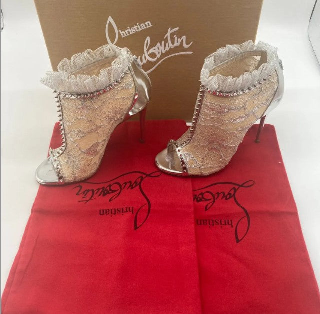 Christian Louboutin JULIETTRA Booties Silver Patent Fabric Spikes Size 36 US 5.75 Box Bags