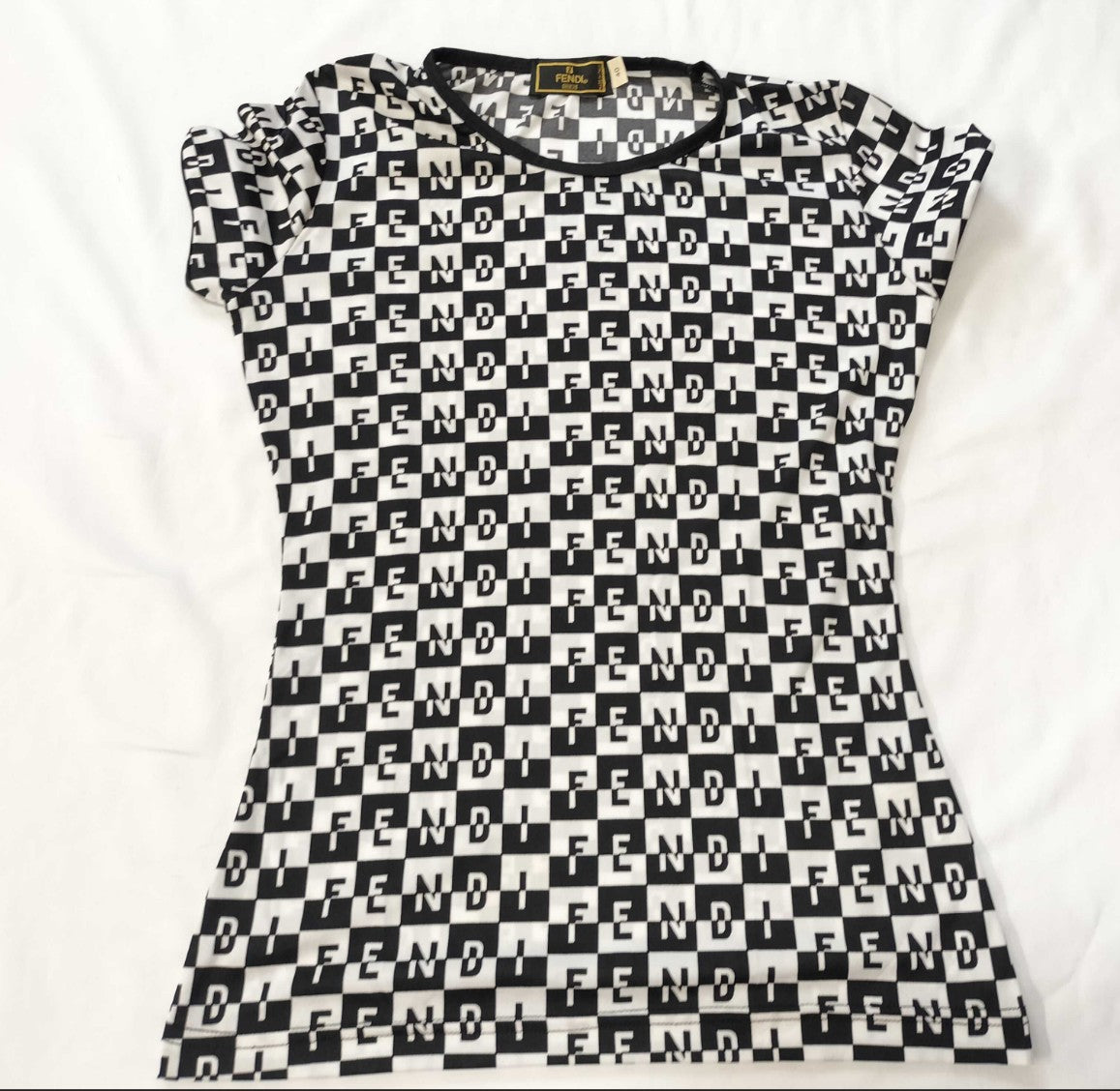 FENDI Checker Logo Print Stretch Short Sleeve T-Shirt Top Women's Size 40 Italy