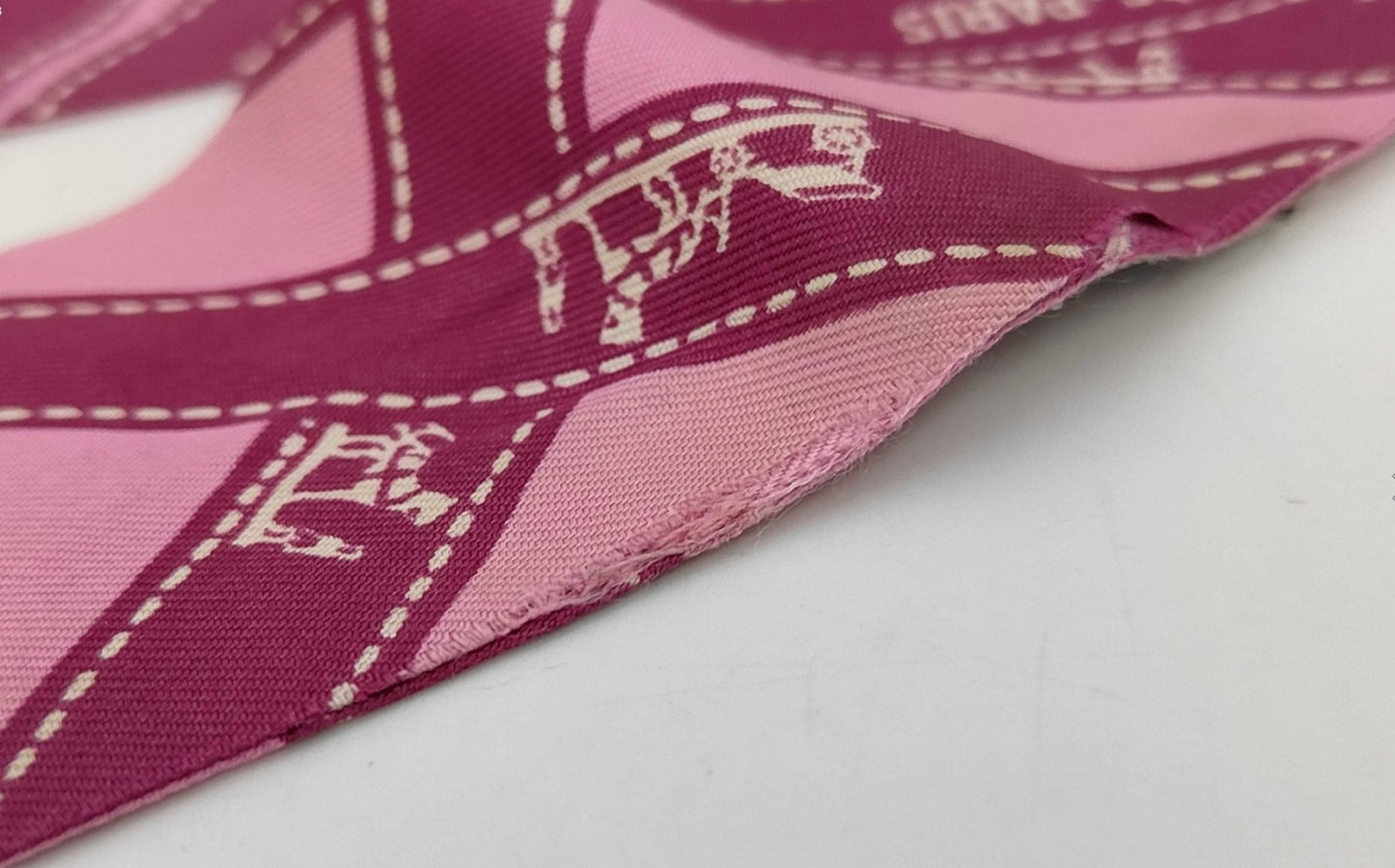 Hermes Twilly Silk Scarf Pink Ribbon Print France Box Fair Condition