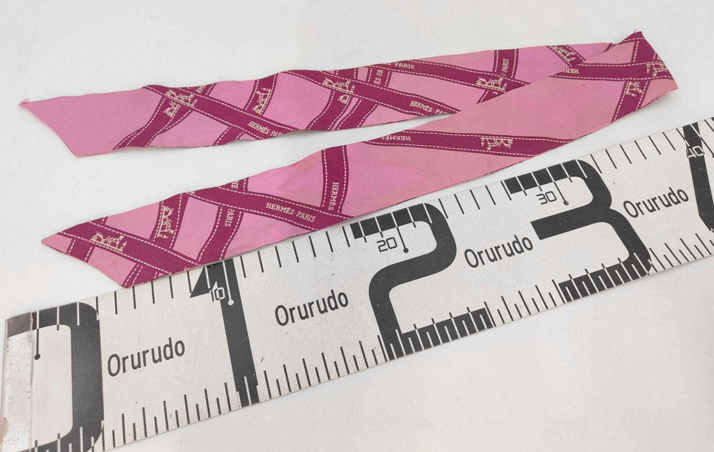 Hermes Twilly Silk Scarf Pink Ribbon Print France Box Fair Condition